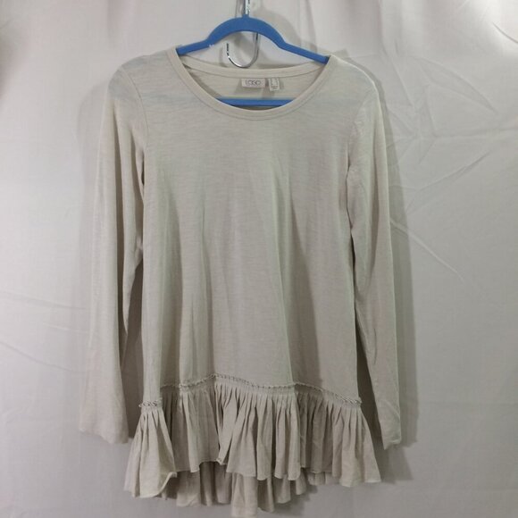 LOGO Tunic Top Ruffled Edge Lightweight Beige 100% Cotton Tunic Pullover Size XS - Picture 2 of 5